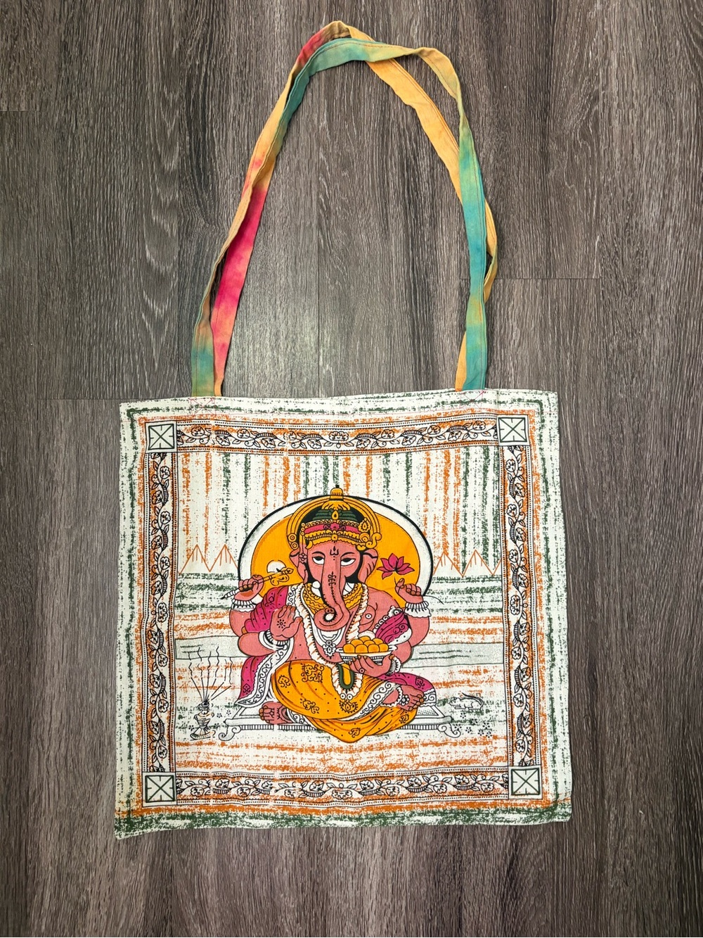 Colorful Ganesha Print Cotton Tote Bag - Pink, Orange, Yellow